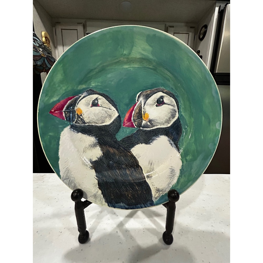 Hart Street Pottery Puffin Hand Painted Ceramic Plate 12" Signed Sarah Food Safe